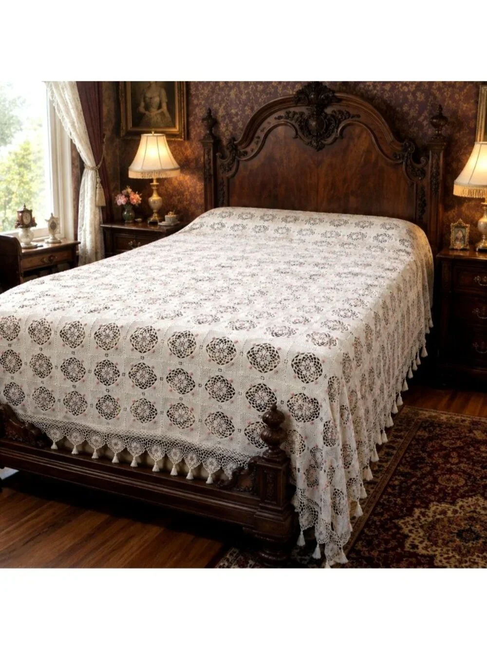 White Crochet King Bedspread Vintage Handmade Lattice Tassel Lace Floral Flower